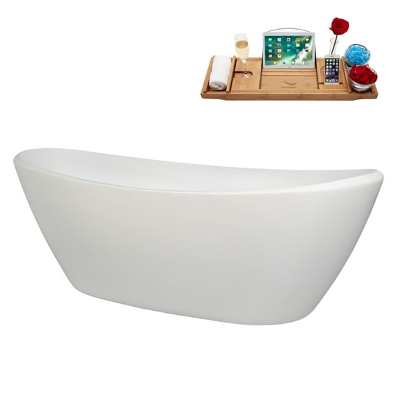75" Streamline B-512-238-BBR Soaking Glossy White Freestanding Tub and Tray With Internal Drain in Brushed Brass