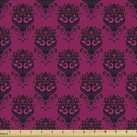 Damask Fabric by the Yard, Abstract Royal Floral Style Baroque Inspiration, Upholstery Fabric for Dining Chairs Home Decor Accents, Dark Magenta Dark Purple by Ambesonne