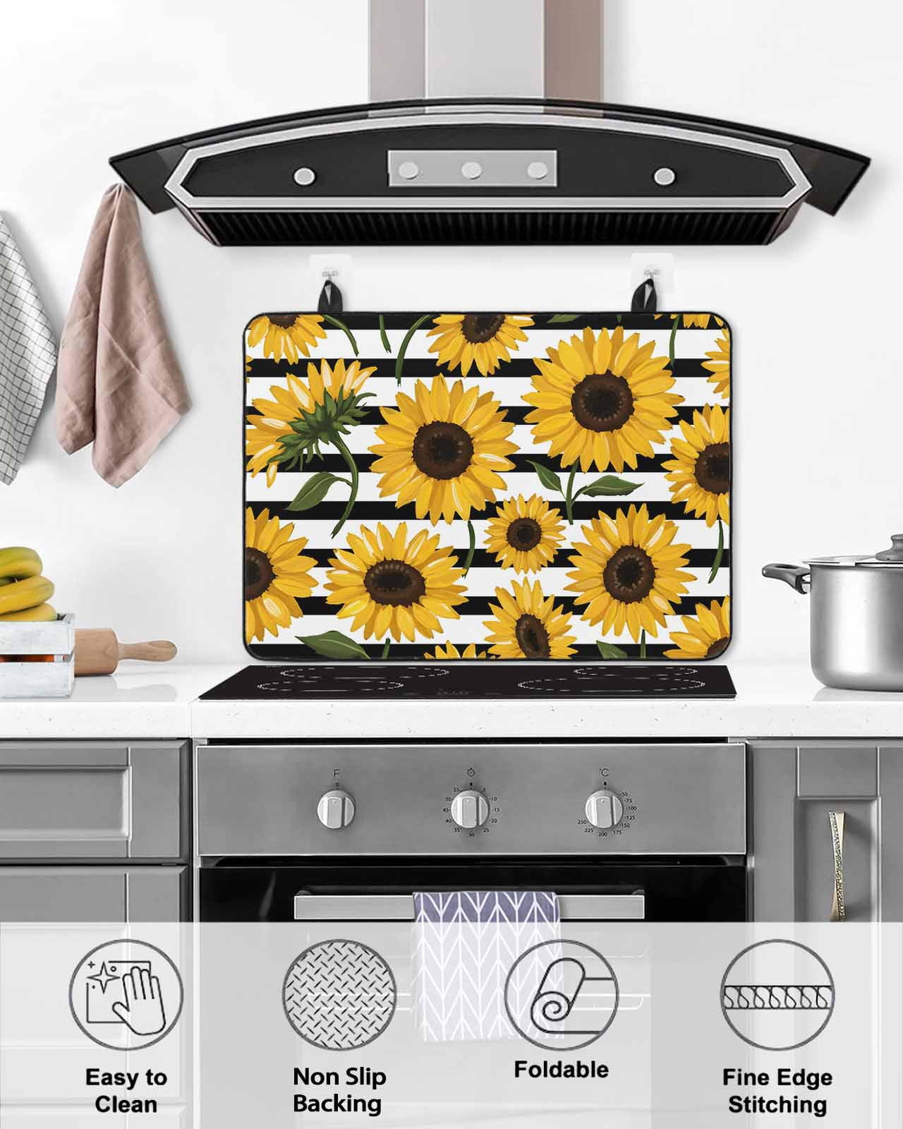 Large Induction Cooktop Protector Mat Sunflowers Stove Top Covers for Electric Stove, Summer Vintage Country Floral Black White Stripes Decorative Stove Burner Cover Mats, Glass Top Stove Cover