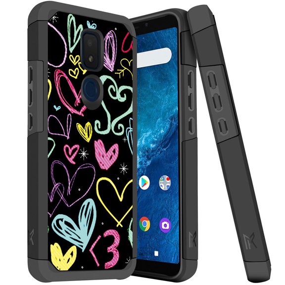ANJ  Slim Dual Layer Hybrid Shockproof Case   Tempered Glass Cover for Cricket Icon 3, Splendor, AT&T Motivate 2 - Sketched Hearts