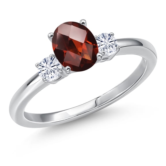 Gem Stone King 14K White Gold Red Garnet and White Moissanite Engagement Ring for Women | 1.20 Cttw | Oval Checkerboard 7X5MM | Gemstone January Birthstone | Size 7