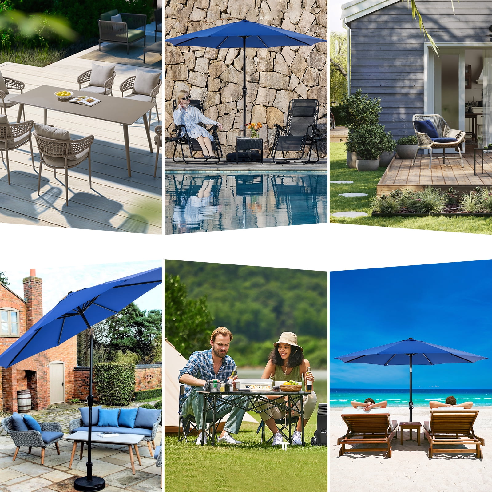 EDX 9FT Outdoor Patio Umbrella with Push Button Tilt and Crank Handle, Market Umbrella with 8 Sturdy Umbrella Ribs, UV Protection, Waterproof, Blue
