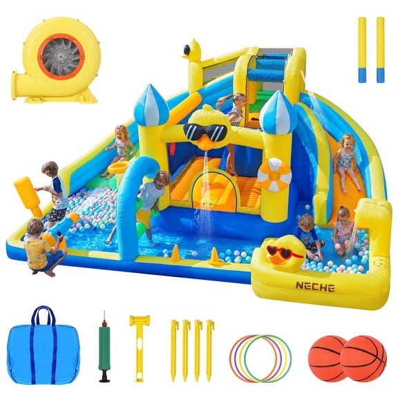 Large Inflatable Water Slide with Blower, 190" Outdoor Backyard Water Park, Splash Pool, Indoor Bounce House for 5 Kids Ages 3-8, 500lbs Weights