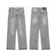 thumbnail image 3 of Pantalones vaqueros desgastados de color liso con lavado gris estilo americano para hombres y mujeres, pantalones casuales de pierna recta con flecos, 3 of 4