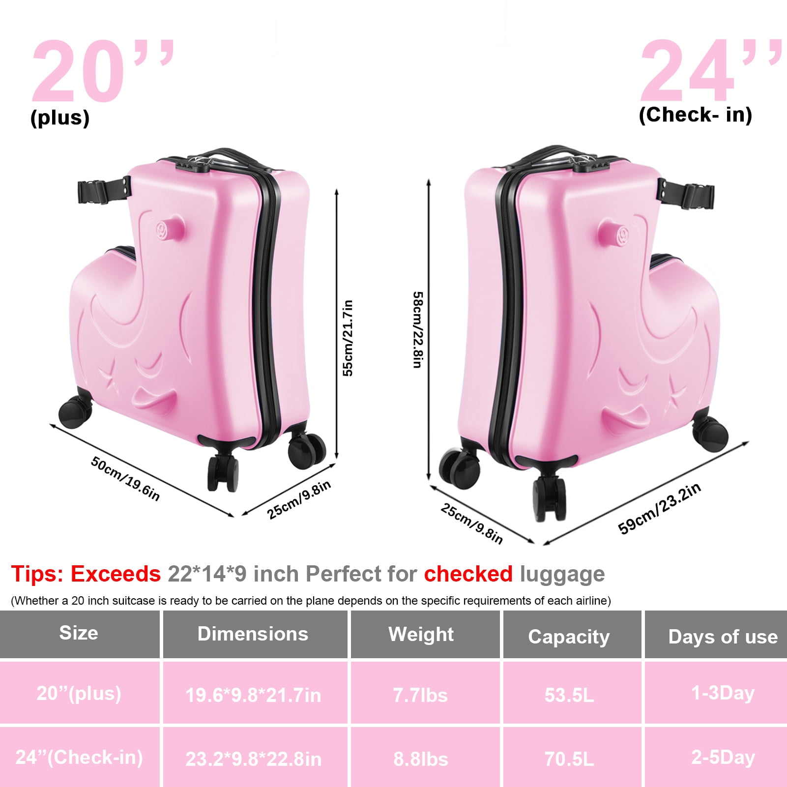 WAASOSCON 3-6 Years Old Ride-On Suitcase with 360° Swivel Wheels and Rear Brake, 20 Inch Airplane-Approved Luggage with 3-Digit Lock, Anti-Scratch Frosted Design
