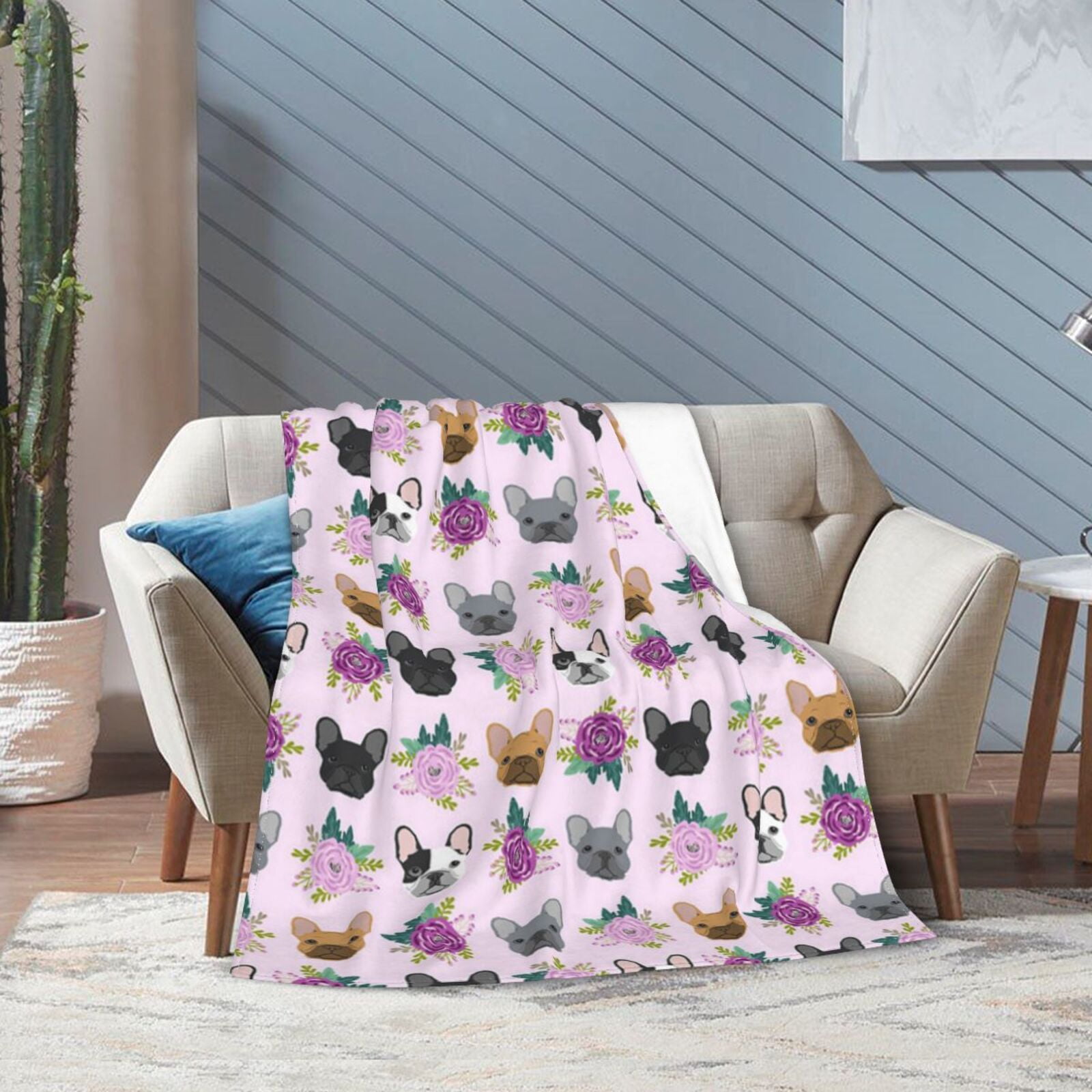 Wijzvio French Bulldog Dog Floral Flower Throw Blanket Soft Fuzzy Fleece Blanket For Couch Bed Living Room Decoration 60"X50"