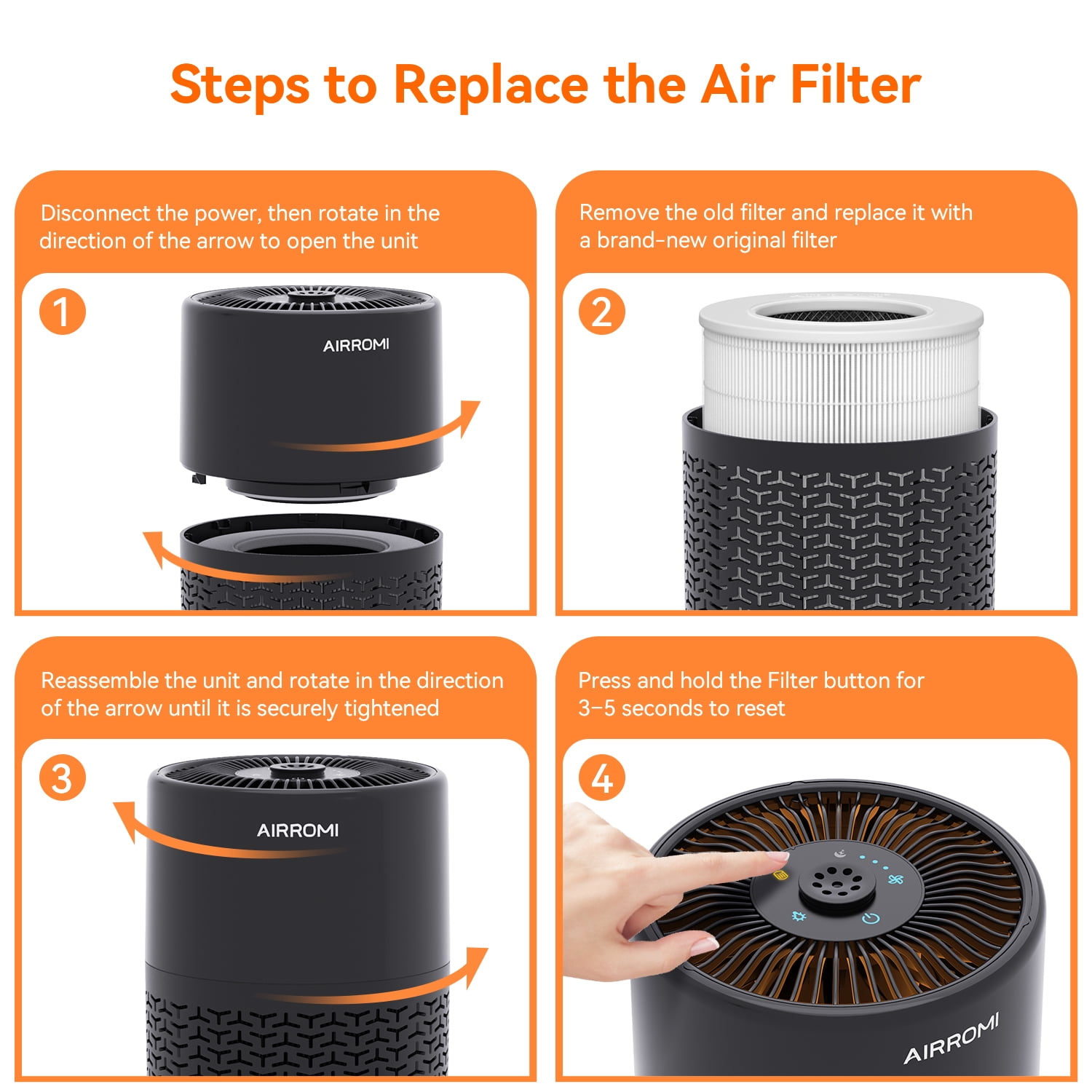 AIRROMI Air Purifiers for Home Room Covers 660 sq.ft, H13 True HEPA Filter, for Allergies,Pet Dander,Pollen,Odor,Smoke, with Night Light, A2002S,Black