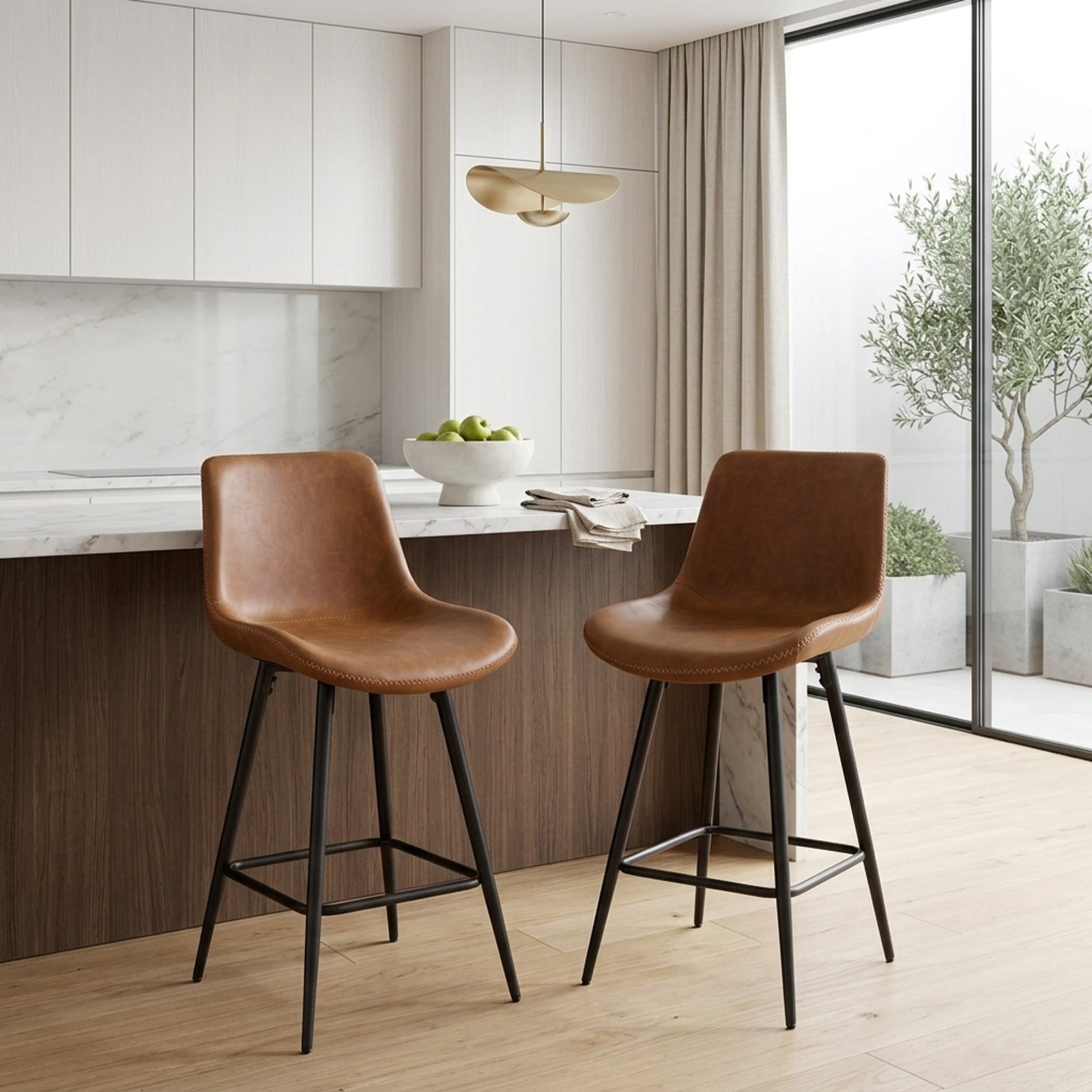 Furnibear 24 Inch Bar Stools Set of 2 with Backs and Footrests for Kitchen Island Counter Bar Pub Dining Home, Brown