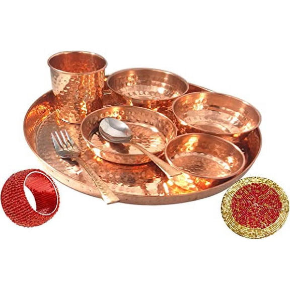 Prisha India Craft Best Dinnerware Pure Copper Thali Set Dia 12" Indian Traditional Dinner Set of Plate, Bowl, Spoons, Glass with Napkin ring and Coaster - Christmas Gift