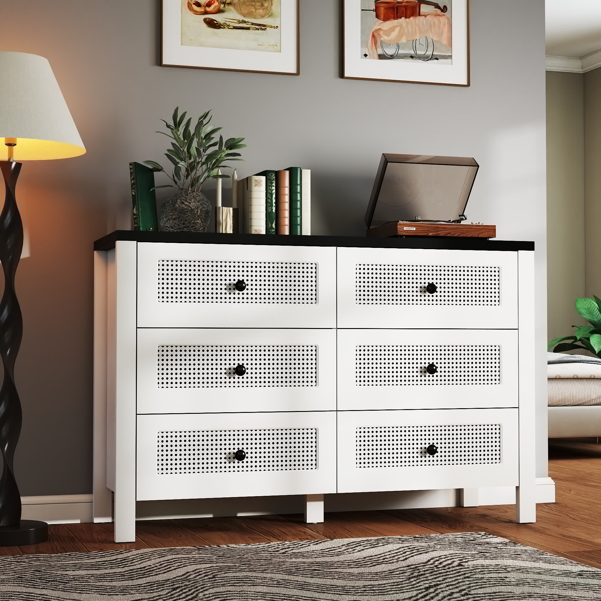Modern 6 Drawer Dresser, Double Dresser Chest of Drawers Wood Storage Cabinet for Bedroom Living Room Hallway