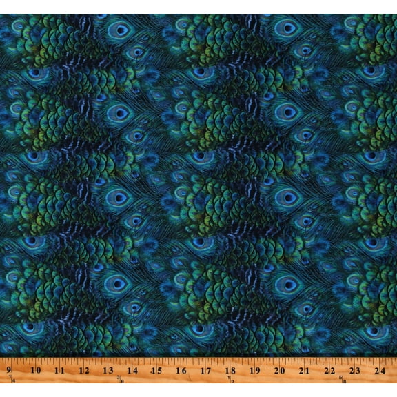 Cotton Peacock Feathers Plumes Plumage Blue Green Birds Cotton Fabric Print by the Yard (119640)