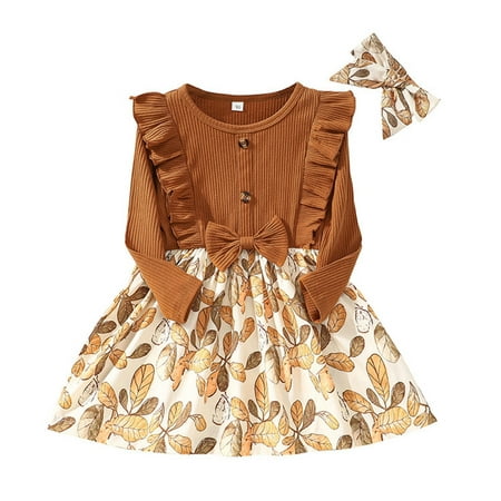 

Fsqjgq Holiday Outfits for Girls Kids Toddler Child Girls Long Sleeve Bowknot Patchwork Print Princess Dress with Headbands Outfit Set Clothes 2Pcs and Lace Dress for Girls Cotton Blend Brown 100