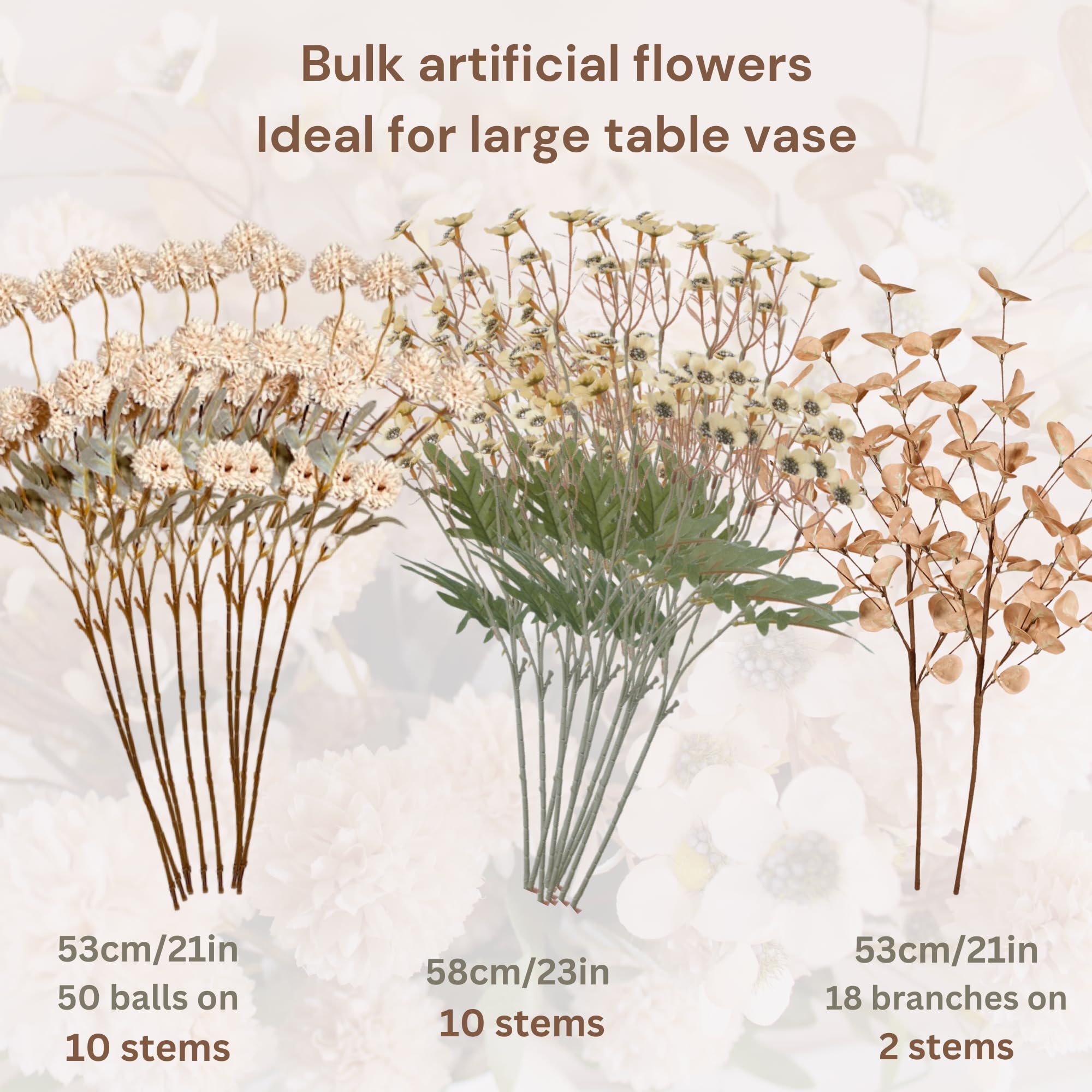 10 Stems Beige Flowers Artificial + Eucalyptus, Fake Mums Long Stem Faux Flowers For Vase, Neutral Floral