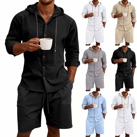 HBGVBA Summer 2 Piece Set for Men Long Sleeve Hooded Casual Top Elastic Waist Comfortable Shorts Set