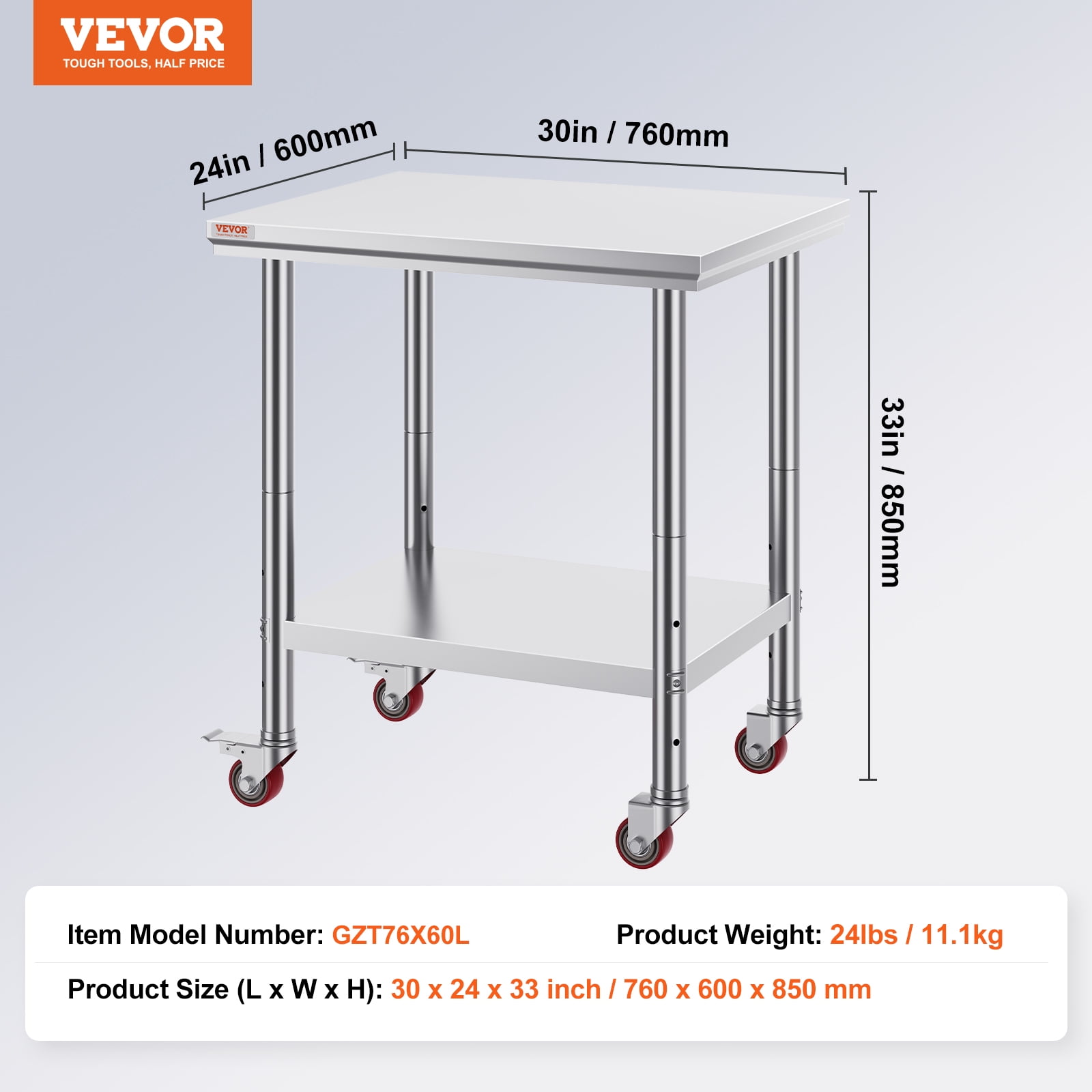 VEVOR Stainless Steel Work Table 30 x 24 x 33 Inch, 700 LBS Load Capacity with 4 Wheels, 3 Adjustable Height Levels, Heavy Duty Food Prep Worktable for Commercial Kitchen Restaurant, Silver