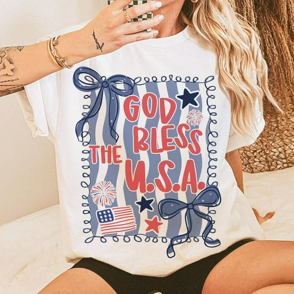 God Bless The USA T-Shirt – Hand-Drawn Coquette Patriotic Shirt in Red White and Blue