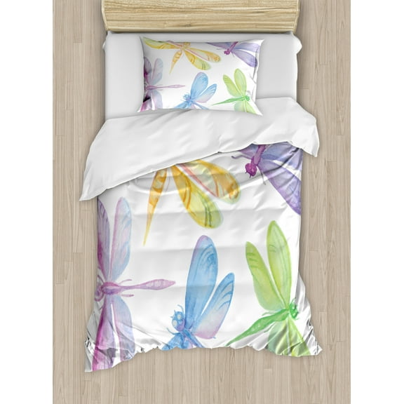 Dragonfly Duvet Cover Set Twin Size, Colorful Watercolor Winged Bugs Children Kids Nursery Spring Themed Artsy Picture, Decorative 2 Piece Bedding Set with 1 Pillow Sham, Multicolor, by Ambesonne