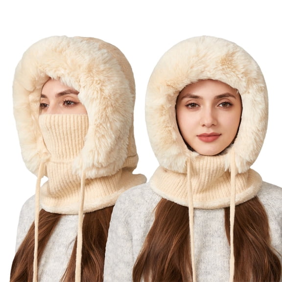 Women's 3-in-1 Ribbed Knit Hat with Integrated Scarf, Winter Face Mask Beanie, Thermal Ear Flap Trapper Cap, Cold Weather Balaclava Style, Unisex Outdoor Winter Gear - Beige