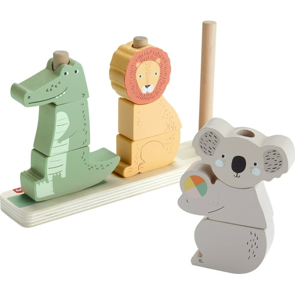 Fisher-Price Wooden Stack & Sort Animals Stacking Toy for Development Play, Baby & Toddler 1Y , 10 Pcs