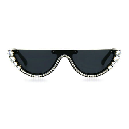 Rhinestone Tennis Iced Chain Crop Flat Top Cat Eye Goth Sunglasses Black
