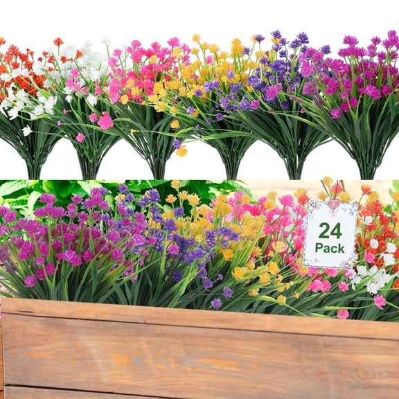 Hengguang 24 Bundles Outdoor Artificial Flowers,13.2 inch Tall Faux UV Resistant Fake Flowers,6 Mixed Color Fake Plastic Plants Flower for Spring Summer Garden Patio Window