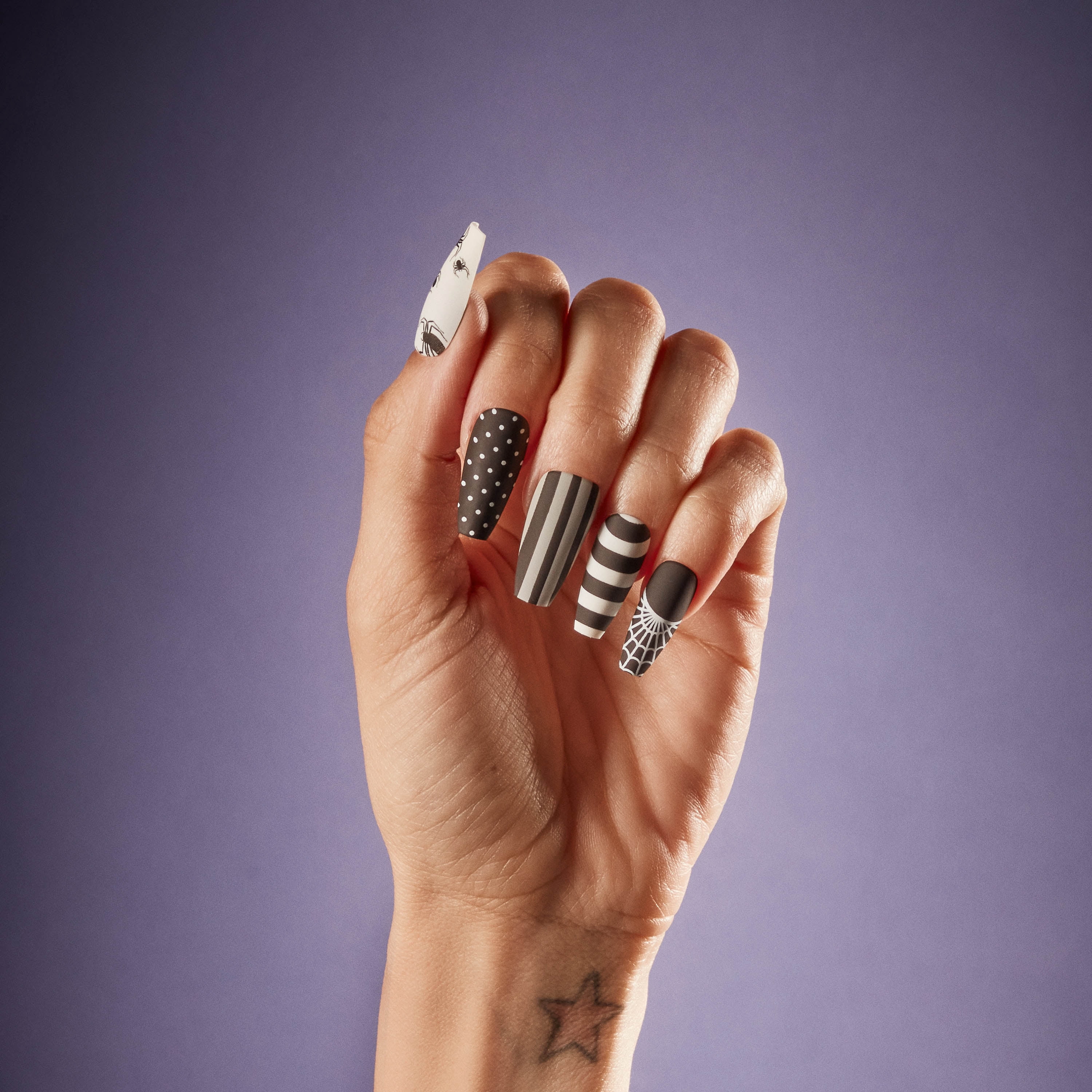 Salon Perfect Halloween Press On Nails, 235 Matte Black White Spider Fake Nail Kit, 15 Nails