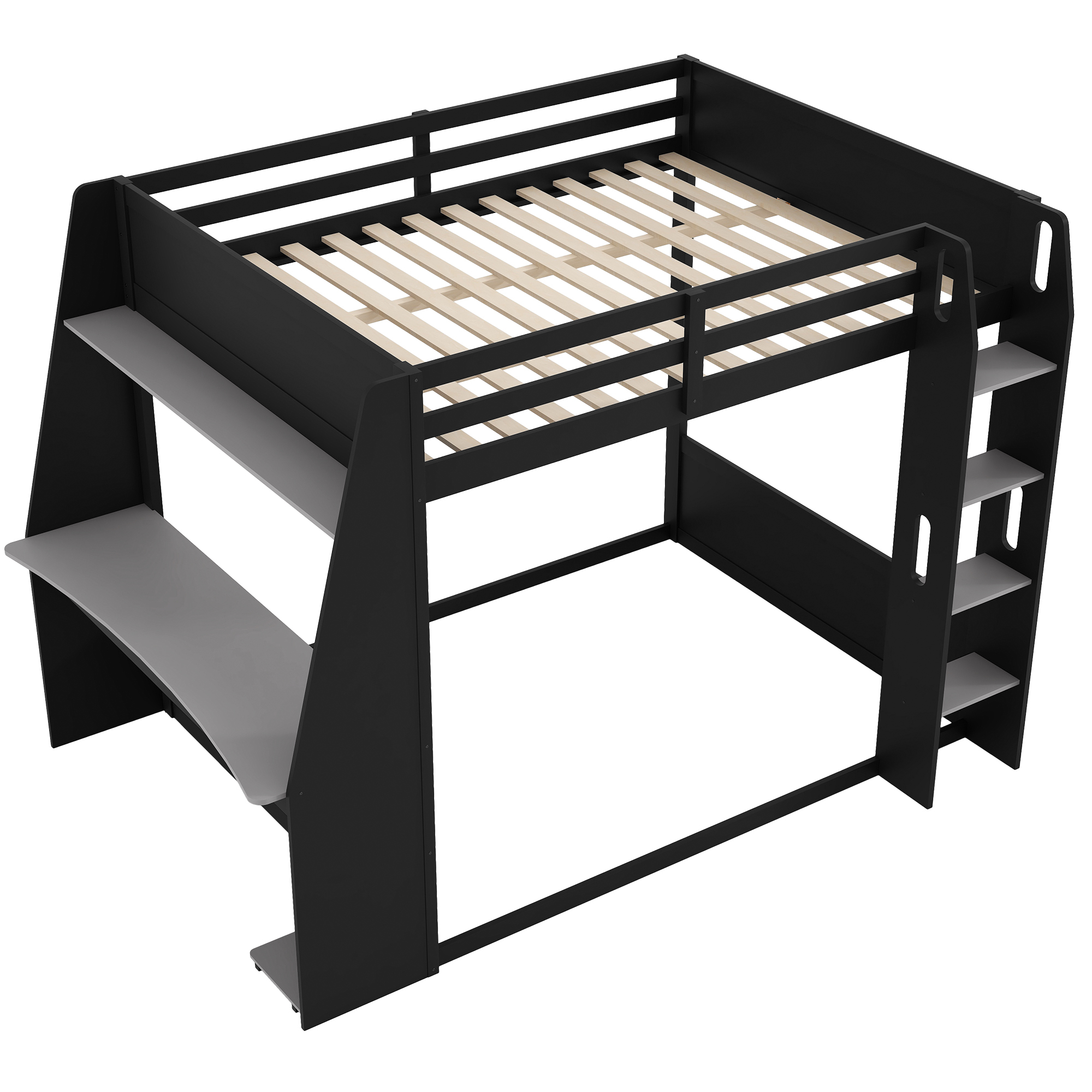 Euroco Wood Full Size Bunk Bed with Desk and Shelves, Gaming Bed with LED Light and USB Charging, Grey