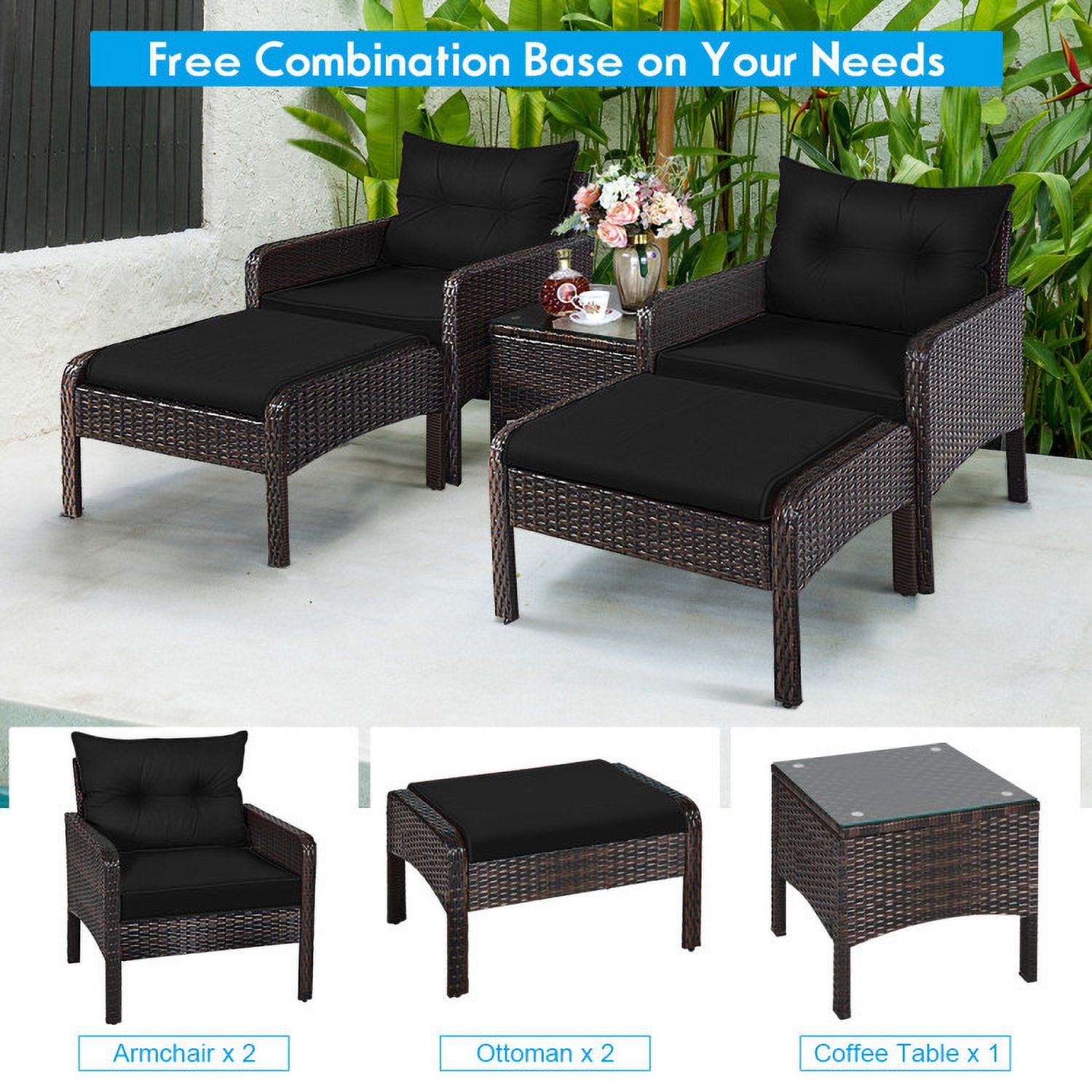 Aimee Lii 5 Pieces Patio Rattan Sofa Ottoman Furniture Set with Cushions, Outdoor Patio Furniture, Black