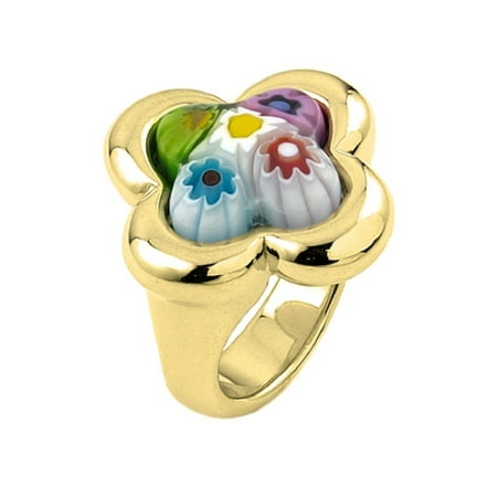 Murano Millefiori Flower Ring - Multi Color Millefiori With Electroform Silver Frame Flower Ring Gold-Tone Plated Sterling Silver