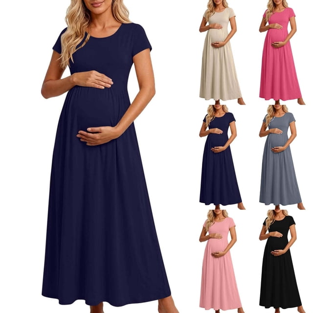 Sentmoon Maternity Maxi Dress Breathable Slim Fit Dress with Short Sleeves 2026 Summer Solid Color Short Sleeve Square Neck A Line Midi Dress Basic for Concert S-XXXL