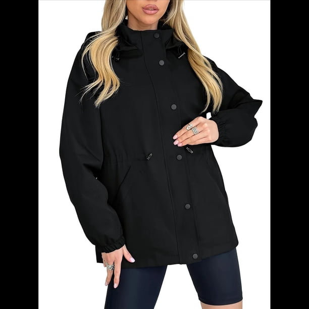 Chaqueta Impermeable de Larga con Capucha y Cremallera para Mujer, Gabardina, Cortavientos, Chaqueta de Viaje. Negro XL