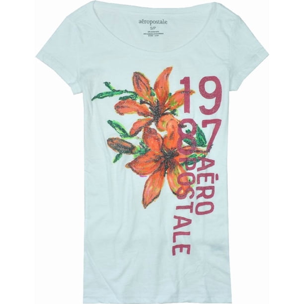 Aeropostale Womens Glittery Floral 1987 Graphic T-Shirt, Blanco, Small