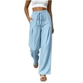 thumbnail image 3 of Women's Soft Drawstring Wide Leg Pants, Casual Solid Color Pull On Trousers, Harem Joggers with Functional Pockets, Summer Lightweight Breathable for Work Vacation | TruBelle,Light Blue M, 3 of 9