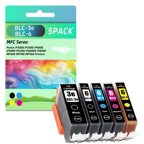 BCI-3 BCI-3e BCI-6 BCI3e BCI6 Ink Cartridges 5-Pack (BLC-3EBK BLC-6 BK/C/M/Y) BCI-3e BLC-6 Ink Replacement for Canon PIXMA iP8500I series i990/i9900/i9950 printer