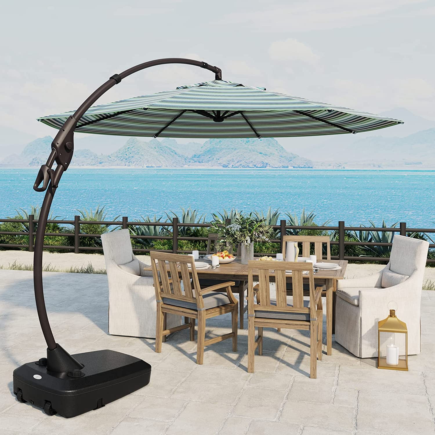 GRANDPATIO 11 ft Patio Umbrella with Base, Aluminum Cantilever Offset Umbrella with Tilt & Rotation Umbrella for Outdoor, Pool, Stripes