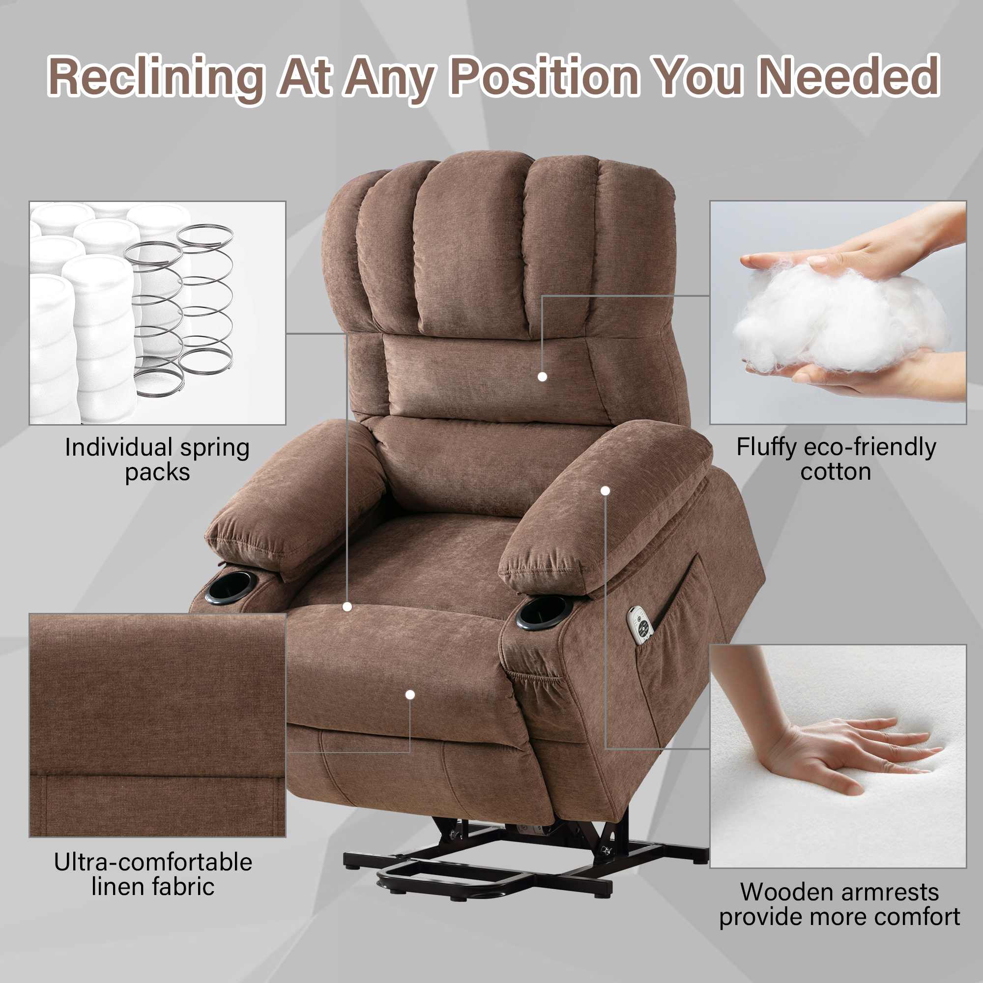 UHOMEPRO Power Lift Recliner Chair for Elderly with Heat and Massage, Recliner Chair for Livingroom with Infinite Position and Side Pockets , USB Charge Port, Cup Holders Fabric, Brown
