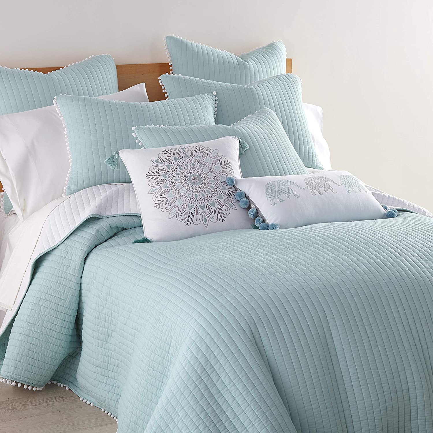 Levtex Home - Pom Pom Quilt - Twin Quilt - Blue Haze - Teal Green - Quilt (68x86in.) - Reversible - Cotton Fabric
