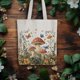 thumbnail image 3 of Bolsa de lona reutilizable de algodón con diseño de setas y bosque para mujer, bolso de hombro de tela resistente con bolsillos con cremallera para ir de compras, vacaciones, trabajo y gimnasio., 3 of 9