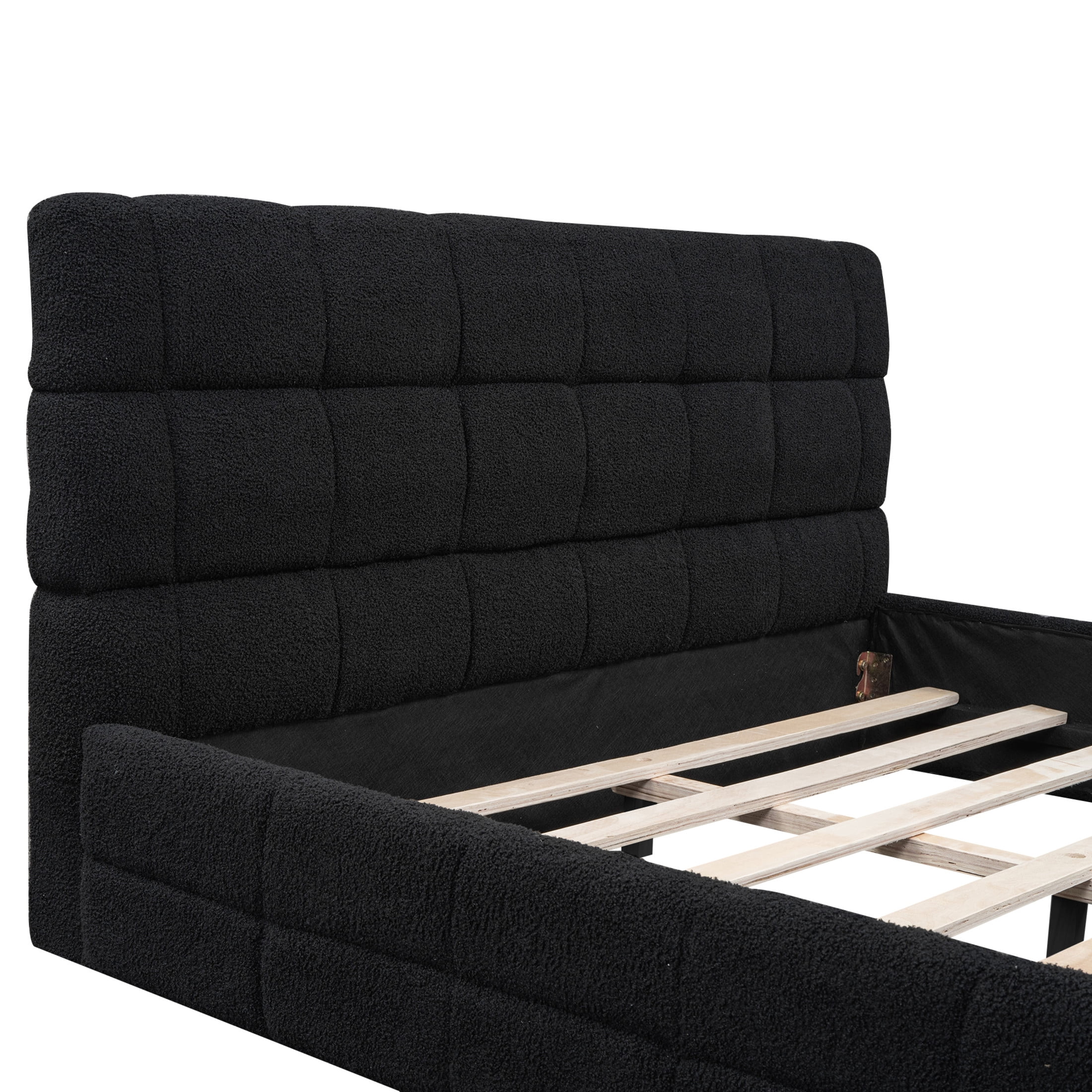 Noble House Queen Upholstered Platform Bed, Modern Velvet Headboard with Wood Slats Support, Bedroom Bed Frame, Black
