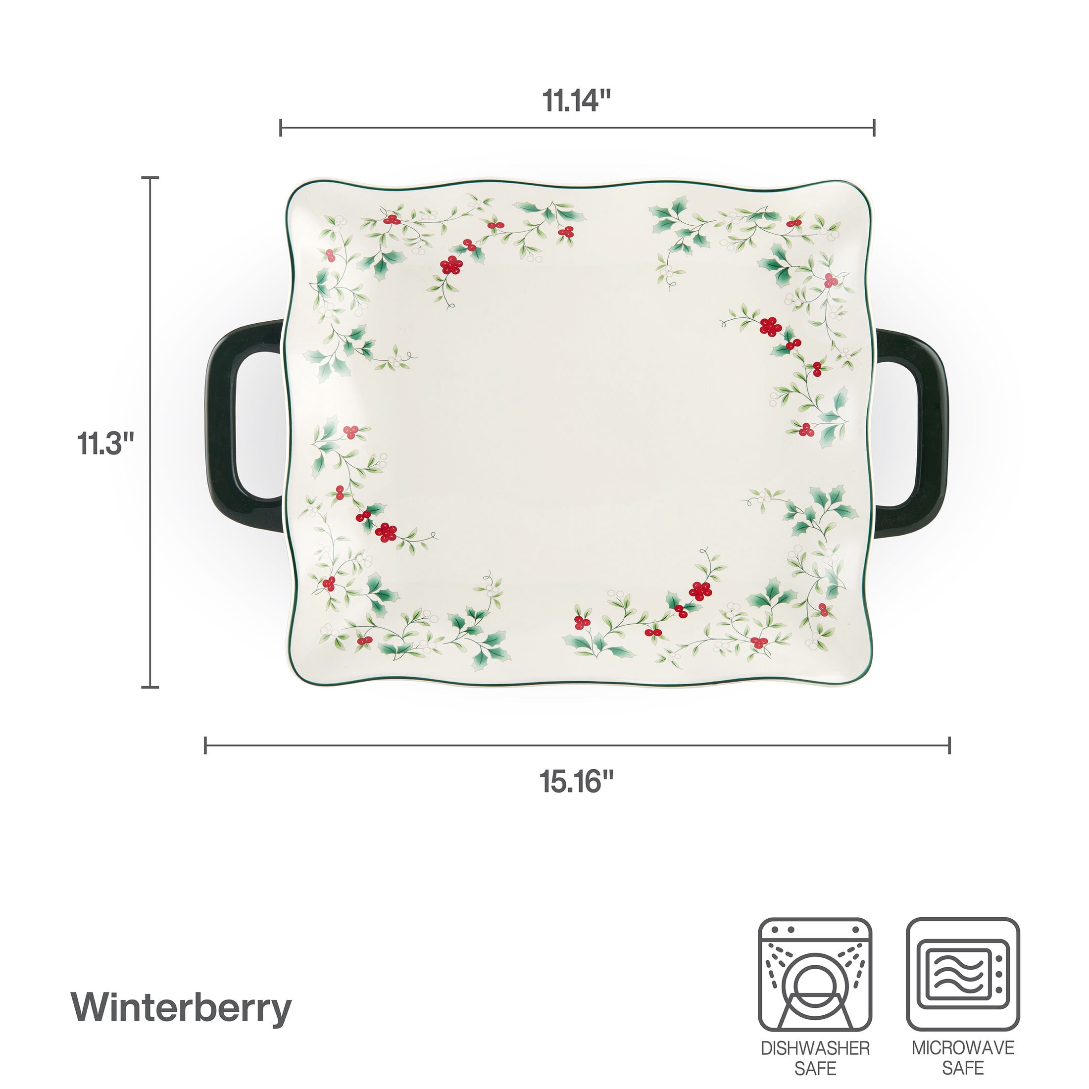 Pfaltzgraff Winterberry Stoneware 15.25 in Handled Platter Snow Globe