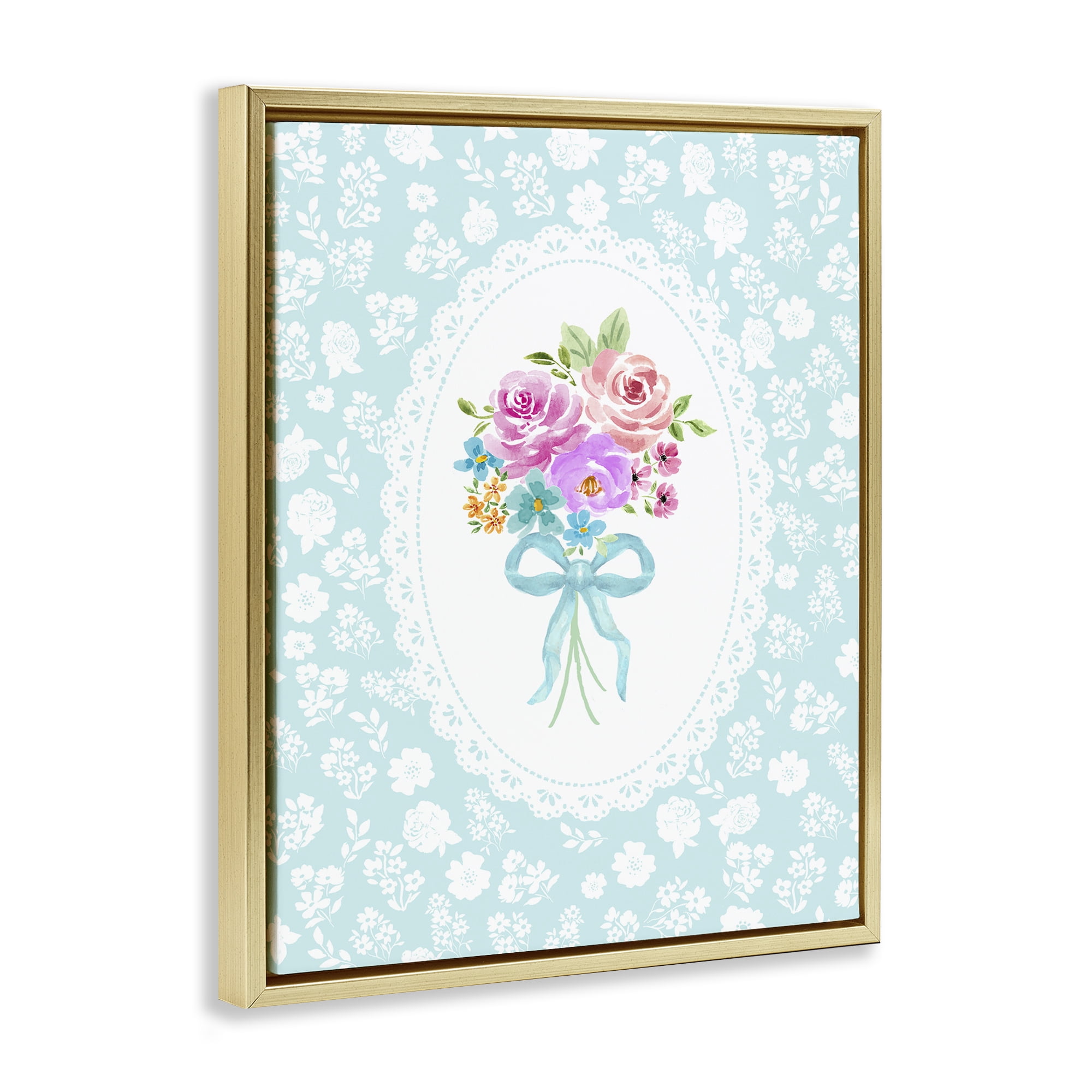 Stupell Industries Aqua Feminine Bouquet Gold Framed Floater Canvas Wall Art, design by Corinne Haig