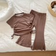 thumbnail image 2 of Ulitacool Summer Outfits For Girl Crewneck Sportsuit Elastic Short Sleeve Top Flared Pants Solid Color Two Piece Sweatsuit Soft Wear Coffee 7-8 Years, 2 of 3