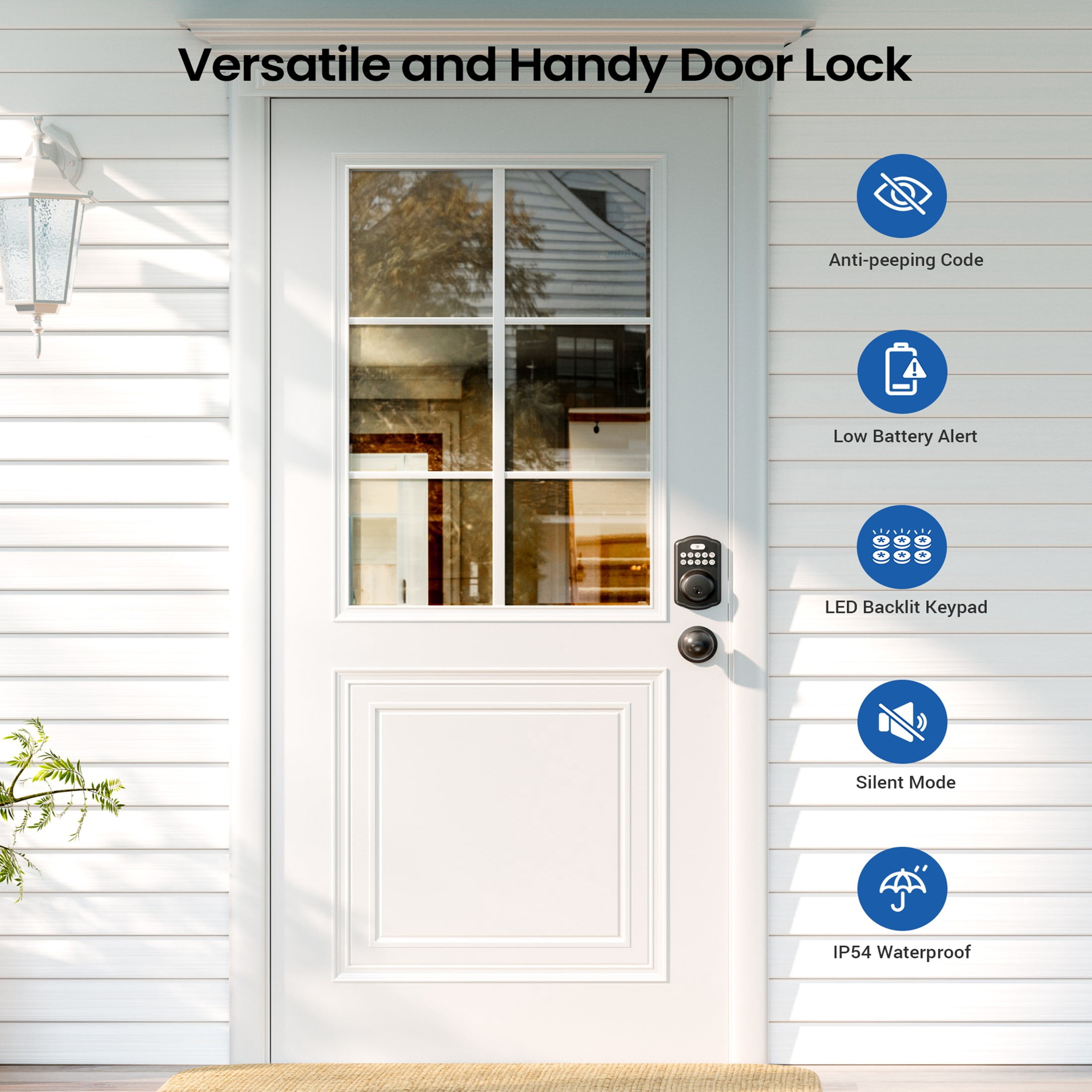 Veise Keyless Entry Door Lock with Handle, Electronic Keypad Deadbolt, Auto Lock, 2 Knobs, Black