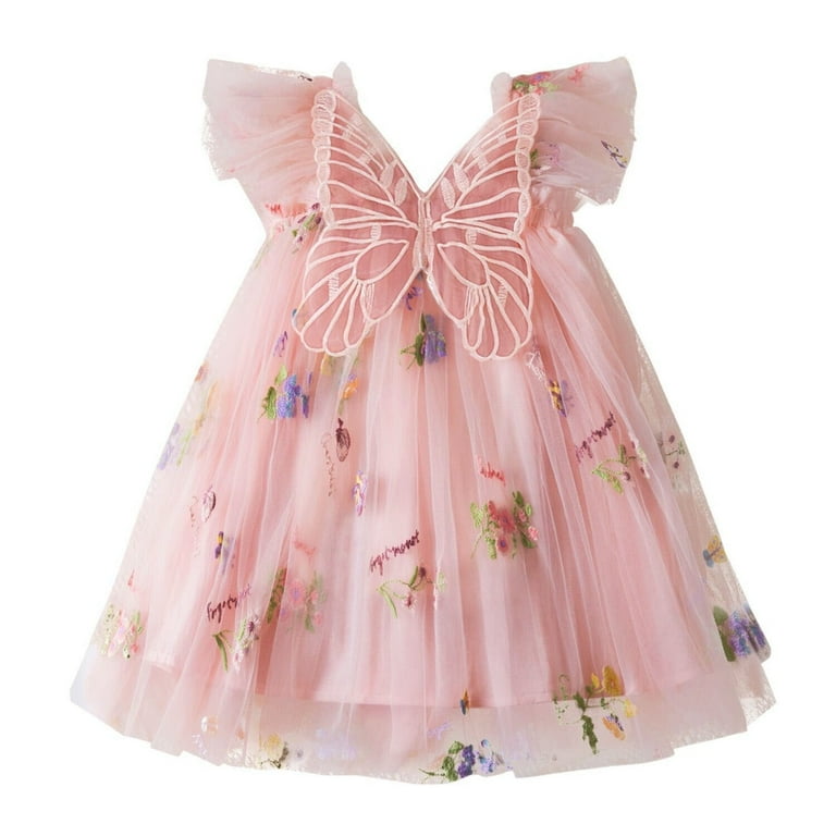 Aofany Toddler Kids Baby Girls Cute Summer Mesh Strawberry Print Elegant  Butterfly Wing Dress