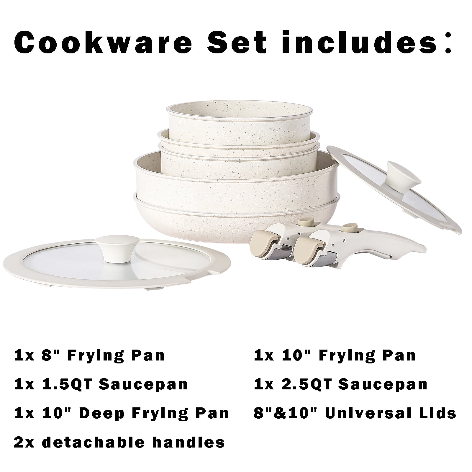 Vkoocy 9 Piece Nonstick Ceramic Cookware Set Pots and Pans Set with Removable Handle Detachable Handle Grey