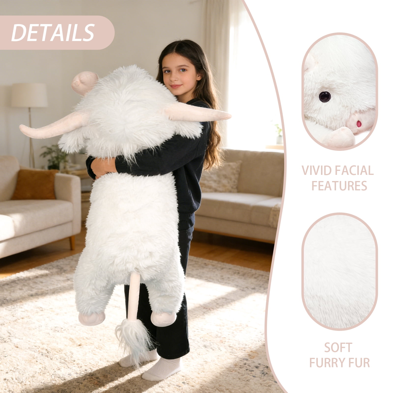 Giant Highland Cow Stuffed Animal 38" White Plush Cow, Soft Giant Cow Pillow for Kids and Adults