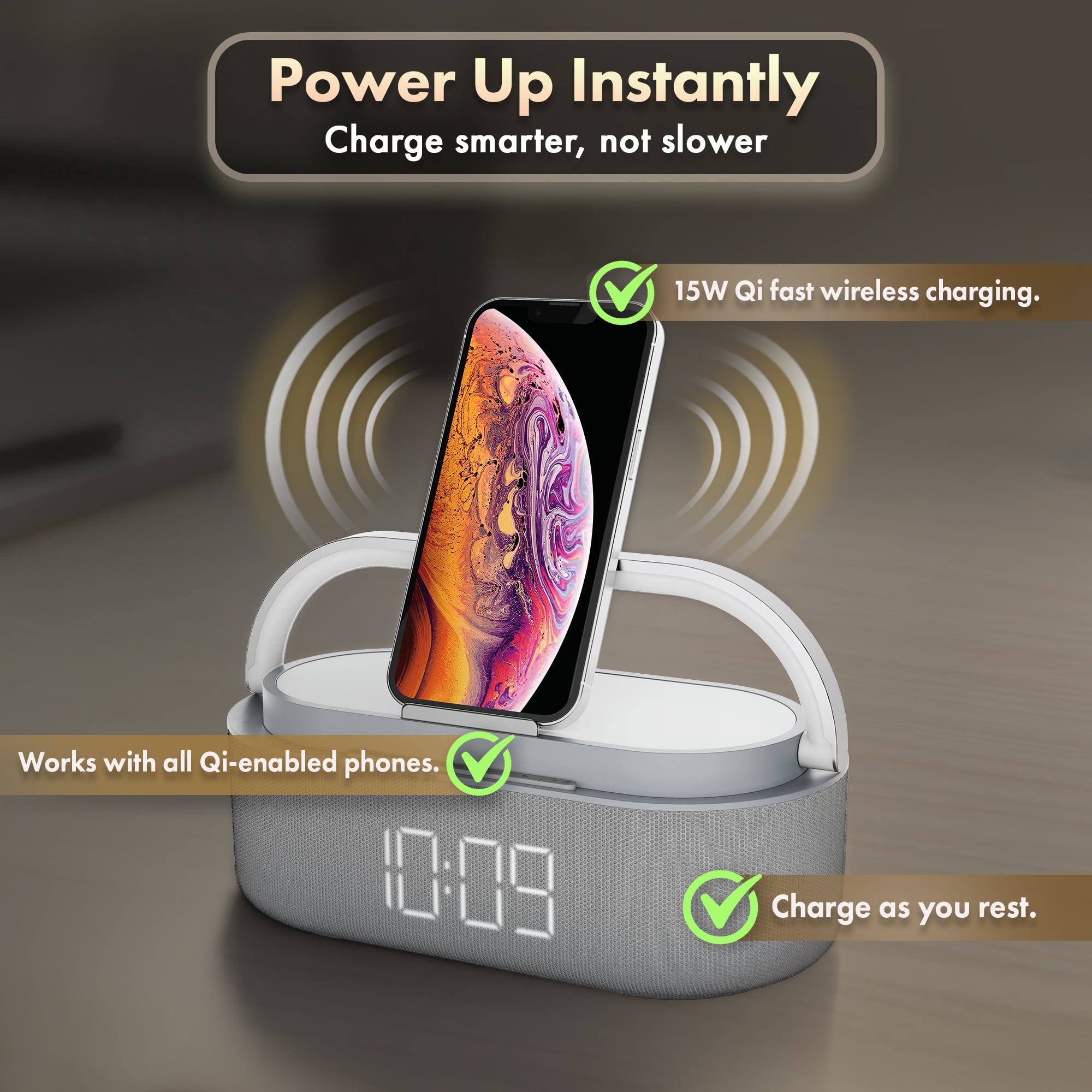 MVMT Harmonic 6-in-1 Portable Bluetooth Speaker with 15W Wireless Charging, Ambient Light, Alarm Clock, FM Radio & Phone Holder