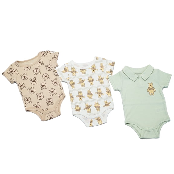 Disney Clothes Baby Boys 3-Pack Bodysuits – Mickey Mouse & Winnie the Pooh Outfits Set with Short Sleeves, Soft Fabric & Snap Closures (0–9M)