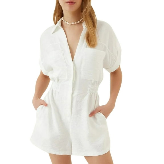 Yokua Utility Romper Shorts Button Down Rompers For Women Summer Short Sleeve Jumpsuit
