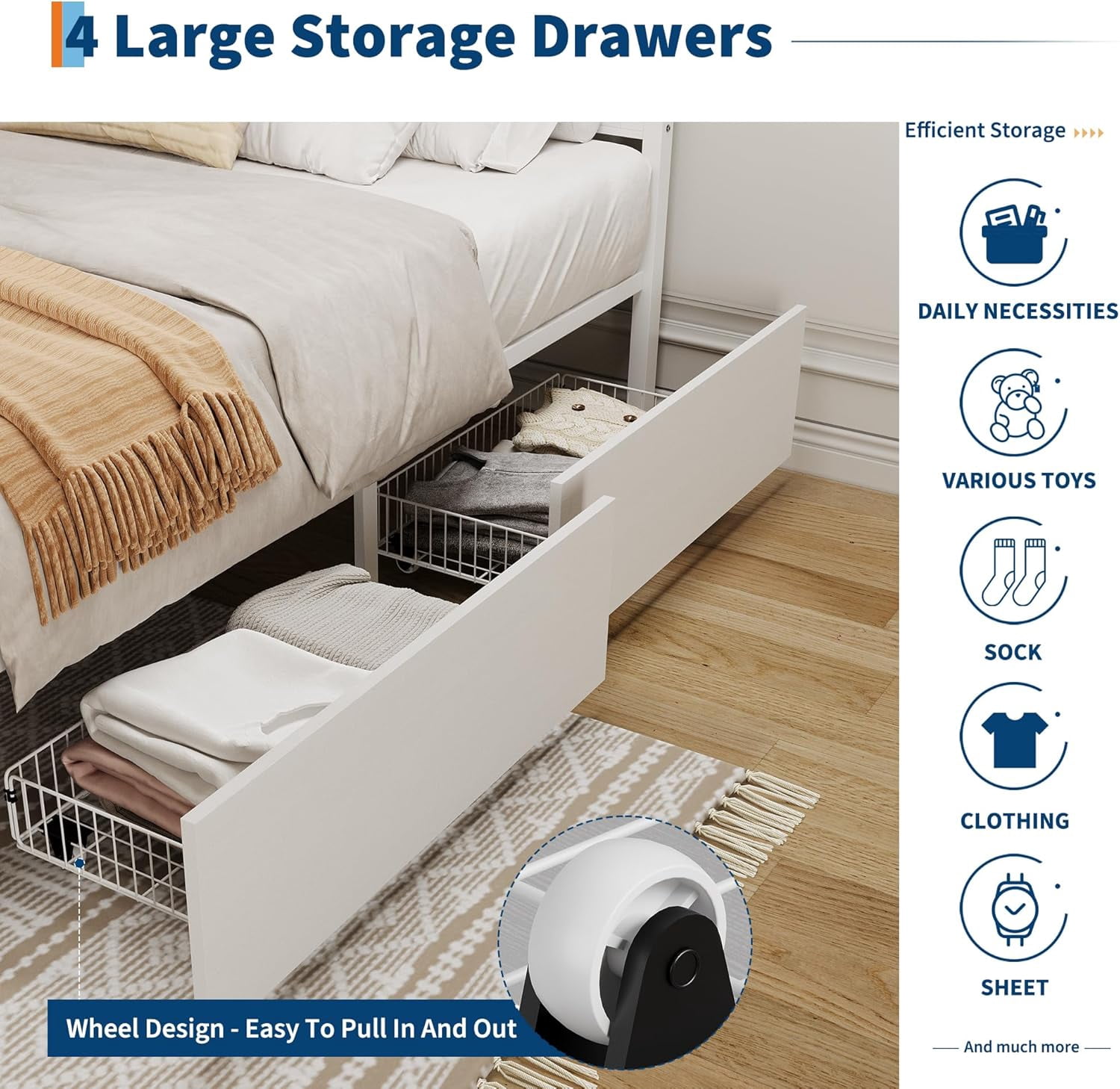 White Rattan Bed Frame with Headboard, Boho Cane Platform King Size Bed Frame with 4 Drawers, Strong Metal Slats Support, Noise Free, No Box Spring Needed